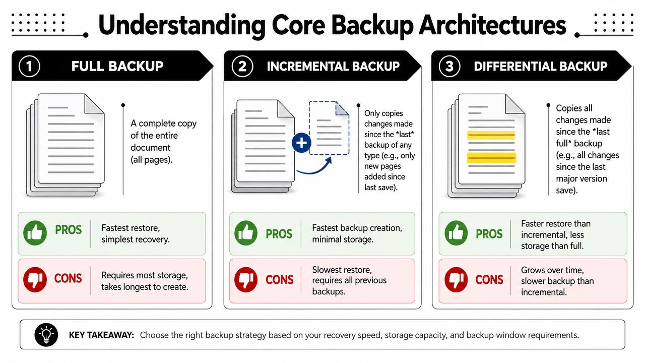 An infographic illustrating the pros and cons of full, incremental, and differential backup architectures for data management.