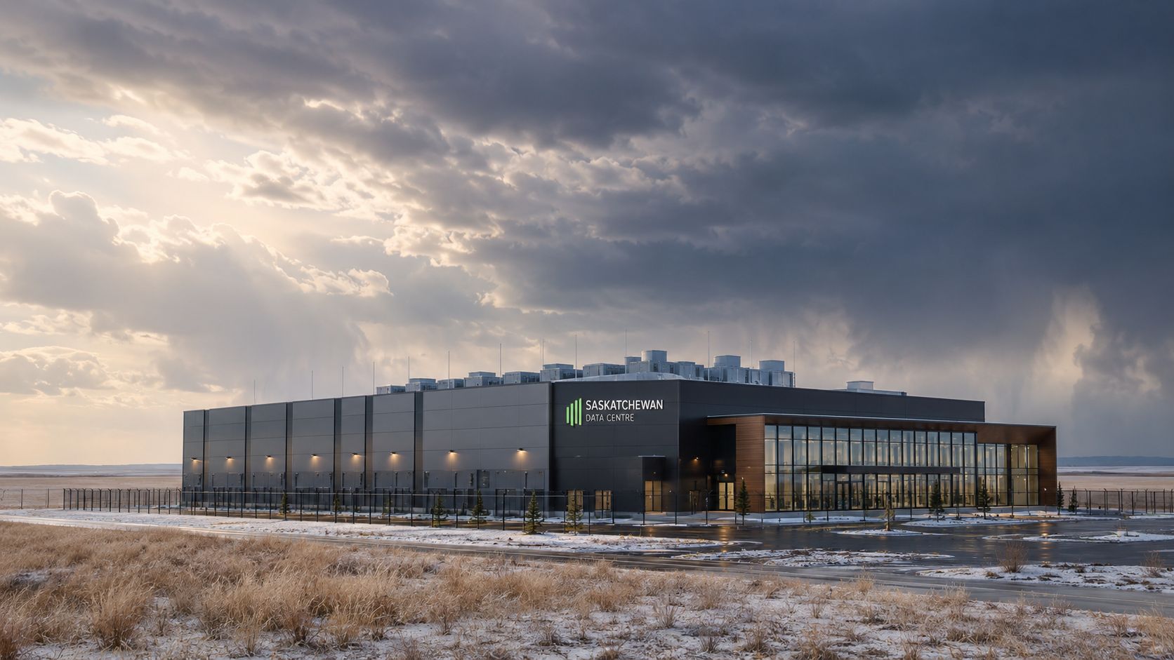 The modern Saskatchewan Data Centre building sits on a vast, snow-covered prairie landscape under a dramatic cloudy sky.