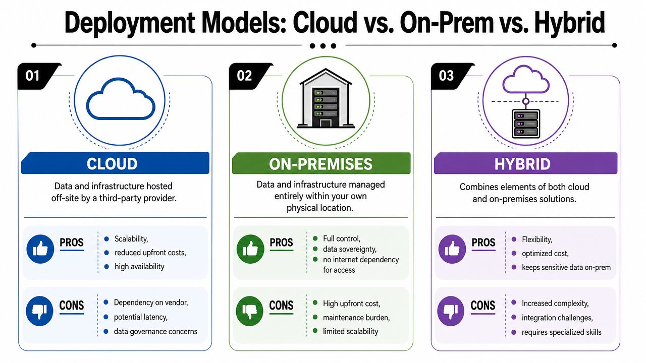 A comparison infographic detailing the pros and cons of cloud, on-premises, and hybrid deployment models.