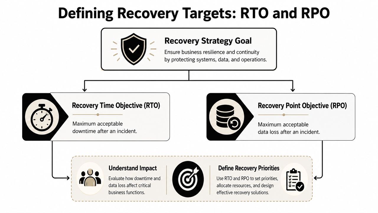 A diagram explaining Recovery Time Objective (RTO) and Recovery Point Objective (RPO) in disaster recovery planning.