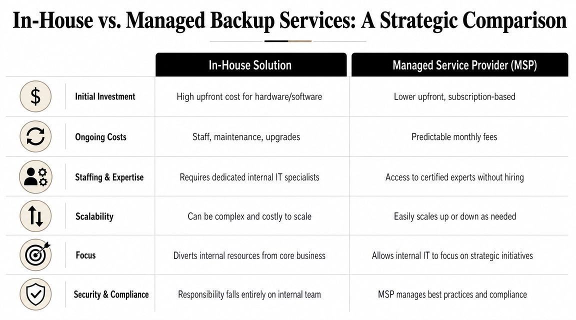 A comparison table outlining the key differences between in-house backup solutions and managed service providers for businesses.
