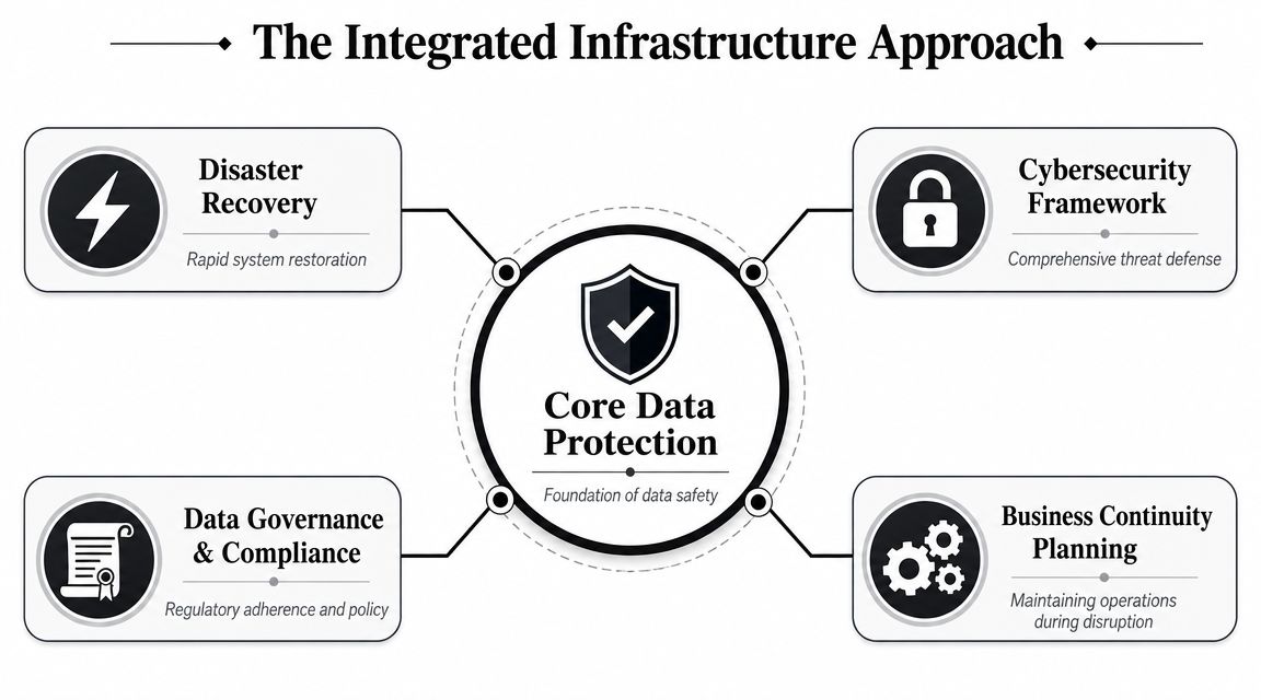A diagram illustrating the integrated infrastructure approach centered around core data protection for enterprise IT systems.