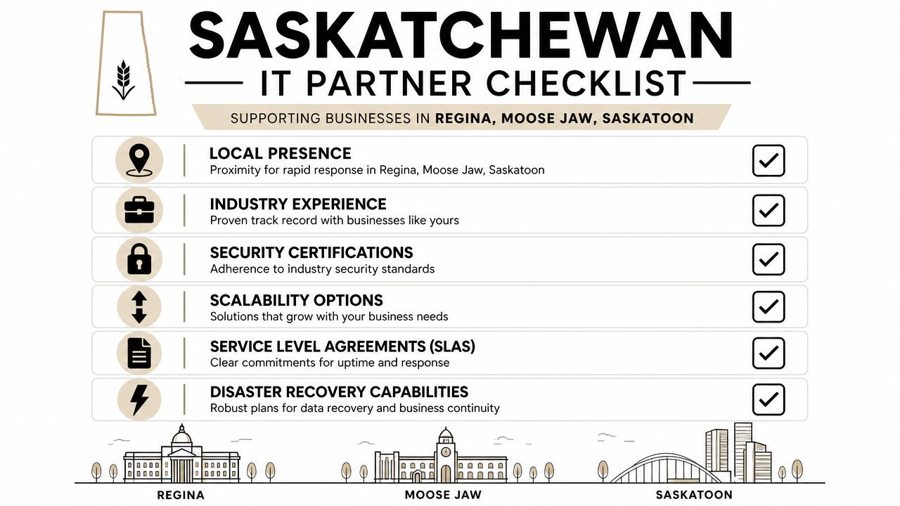 A checklist for selecting an IT partner in Saskatchewan, featuring essential service criteria and local support.