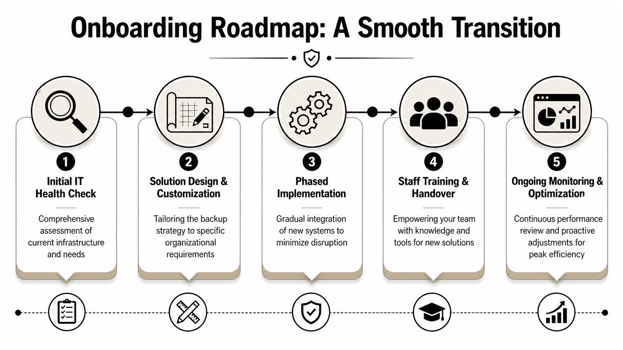 A five-step onboarding roadmap infographic illustrating a professional IT services transition and implementation process.