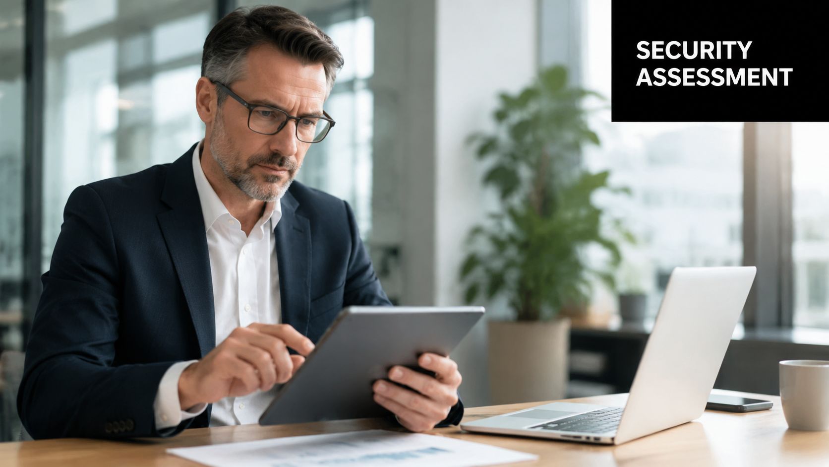 A professional man in a business suit reviewing data on a tablet in a modern office environment.