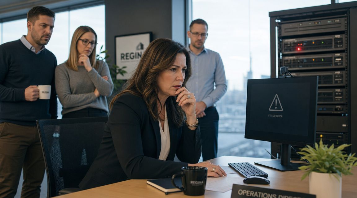 A group of professional colleagues observing a computer screen displaying a system error message in an office.