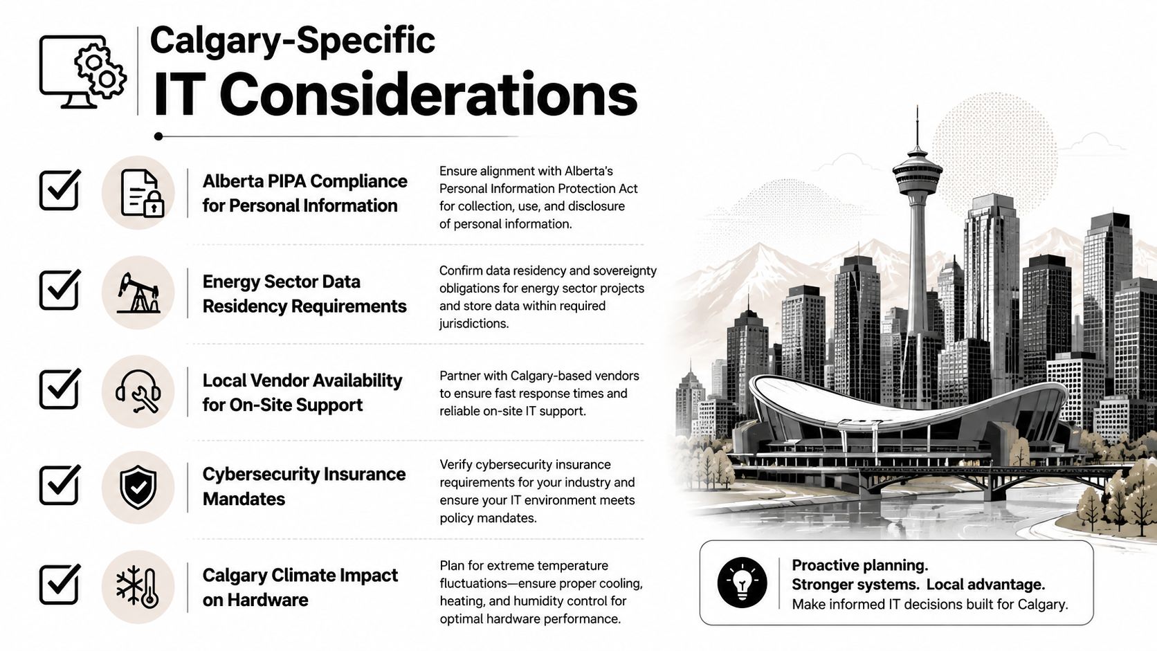 An infographic titled Calgary-Specific IT Considerations detailing five key points for businesses operating in Calgary.