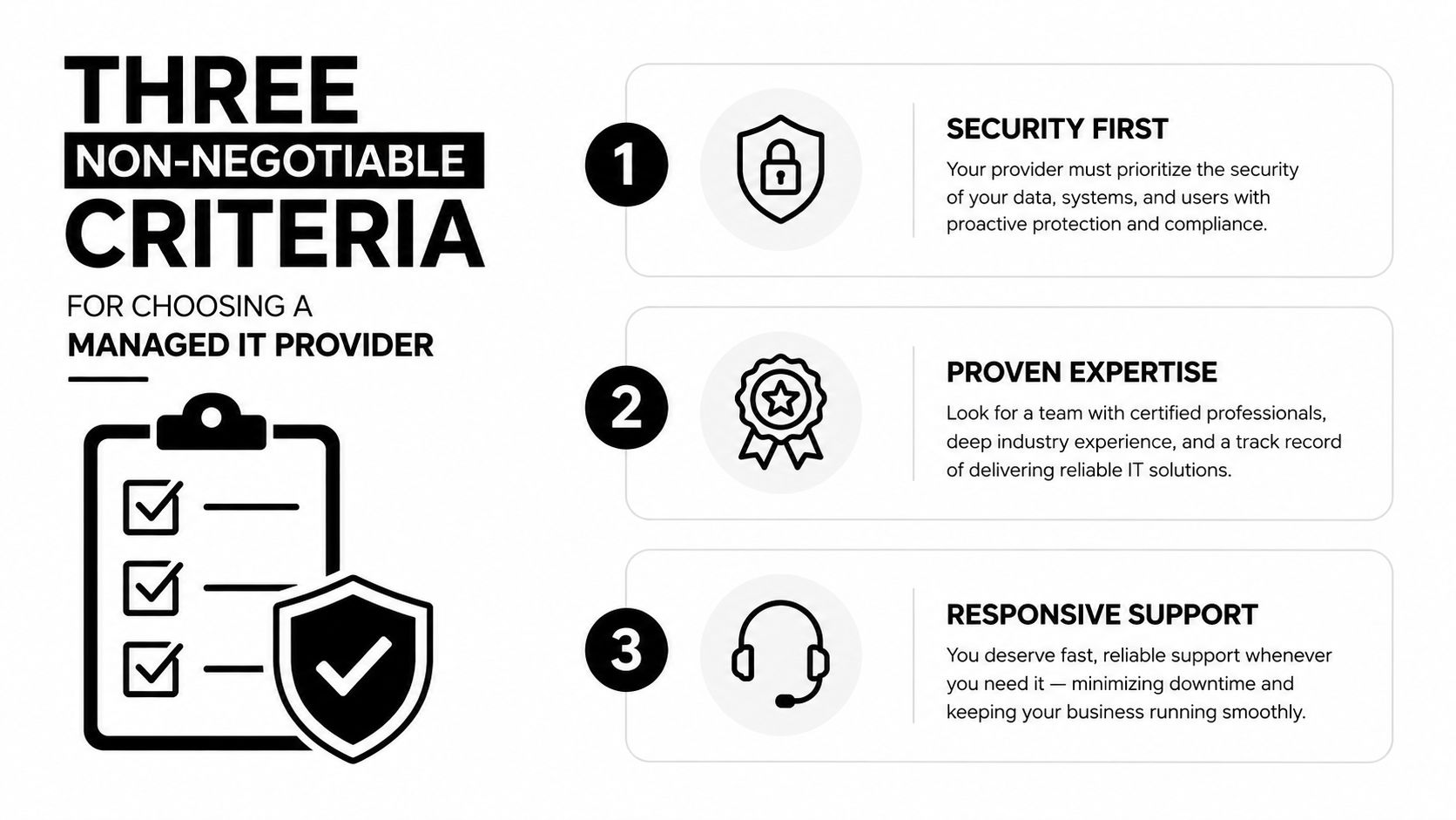 A graphic listing three non-negotiable criteria for choosing a managed IT provider: security, expertise, and support.