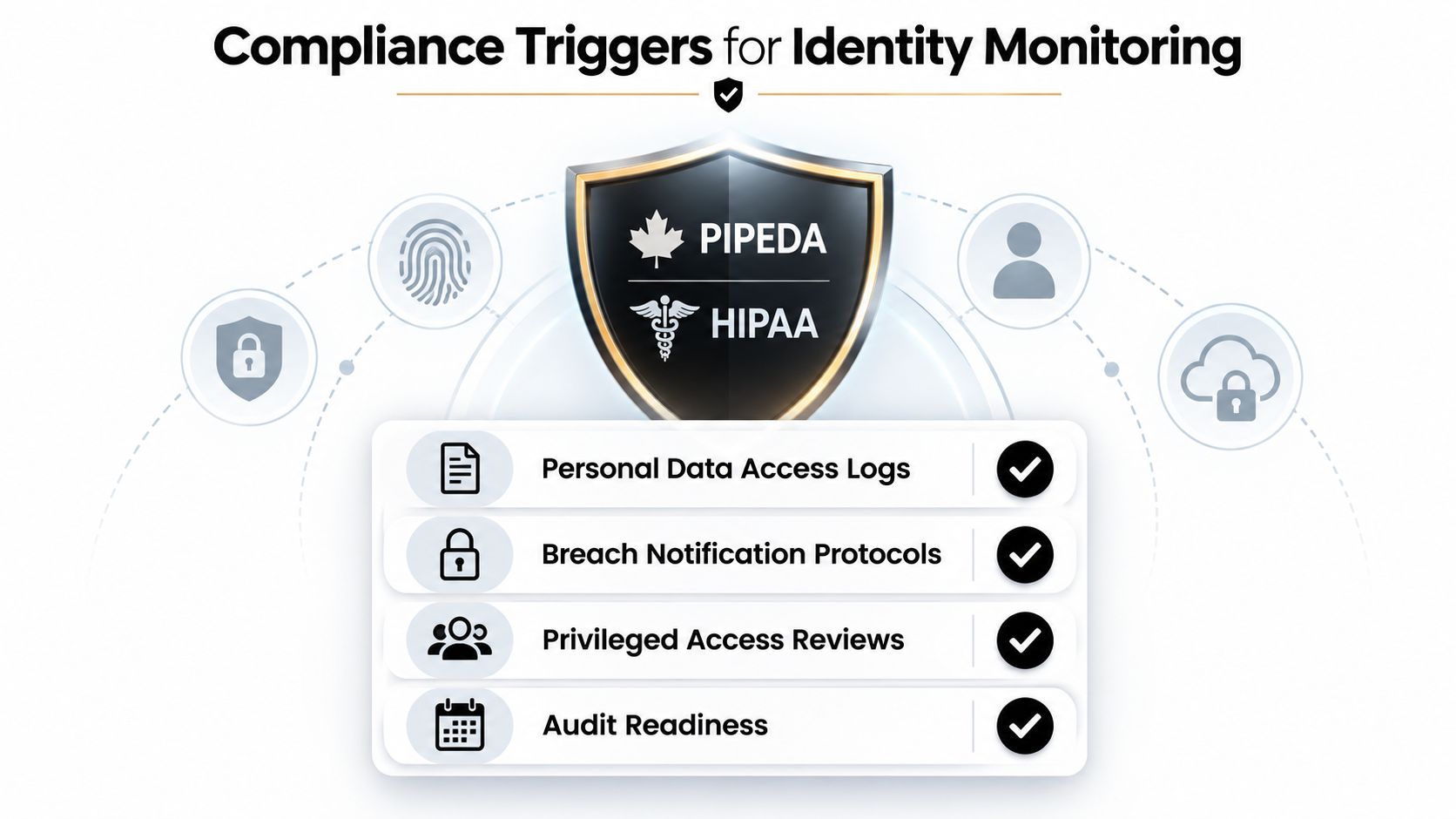 A diagram illustrating compliance triggers for identity monitoring including PIPEDA and HIPAA standards for data security.
