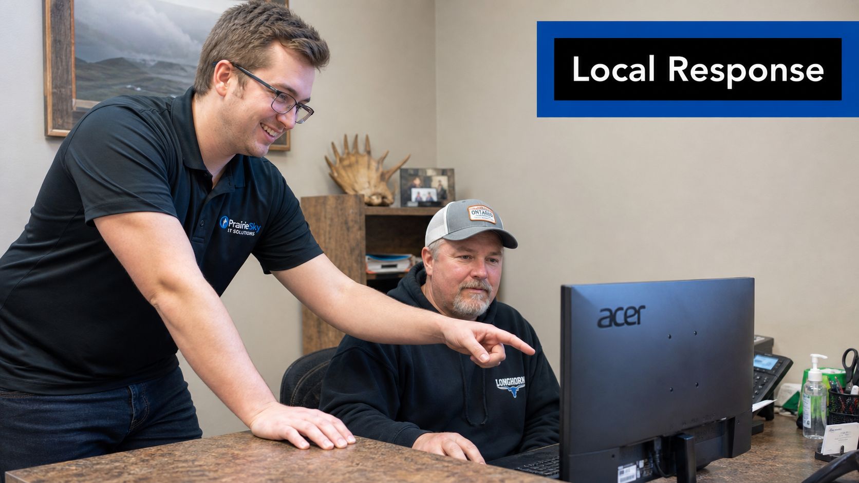 An IT technician pointing at a computer monitor to assist an office worker with technical support.
